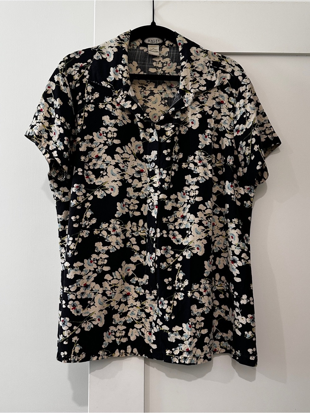 Vintage Silk Cherry Blossom Floral Print Short Sleeve Button Up